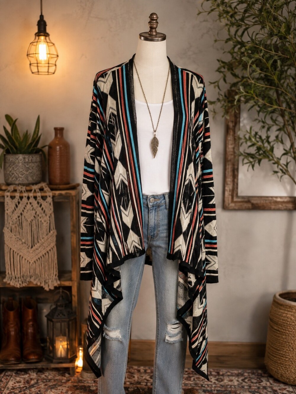 Absolutely Creative Southwestern Aztec Boho Waterfall Cardigan